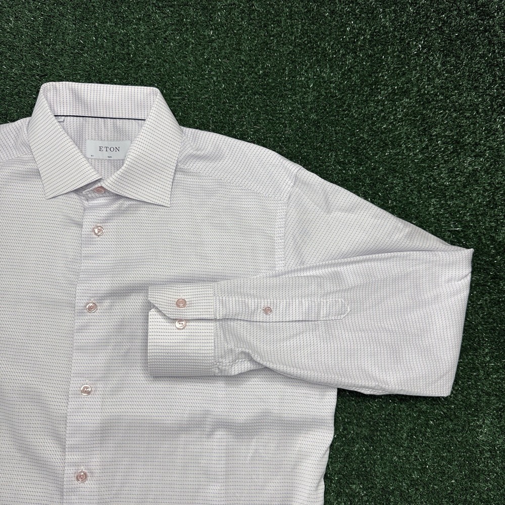 Eton Men's Long Sleeve Button Dress Shirt Size 41 16 Slim White Plaid